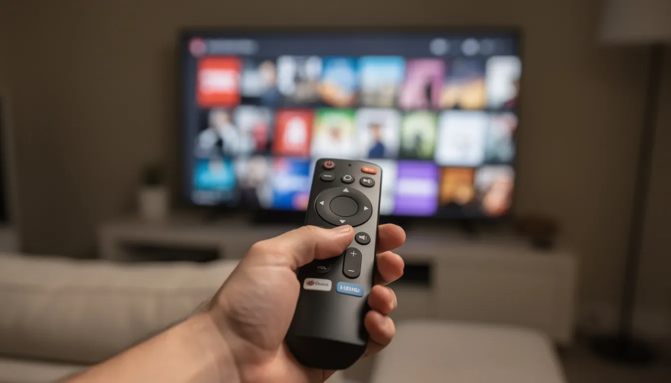 Amazon Fire Stick remote control used in a Canadian living room setup with smart TV streaming apps displayed on screen