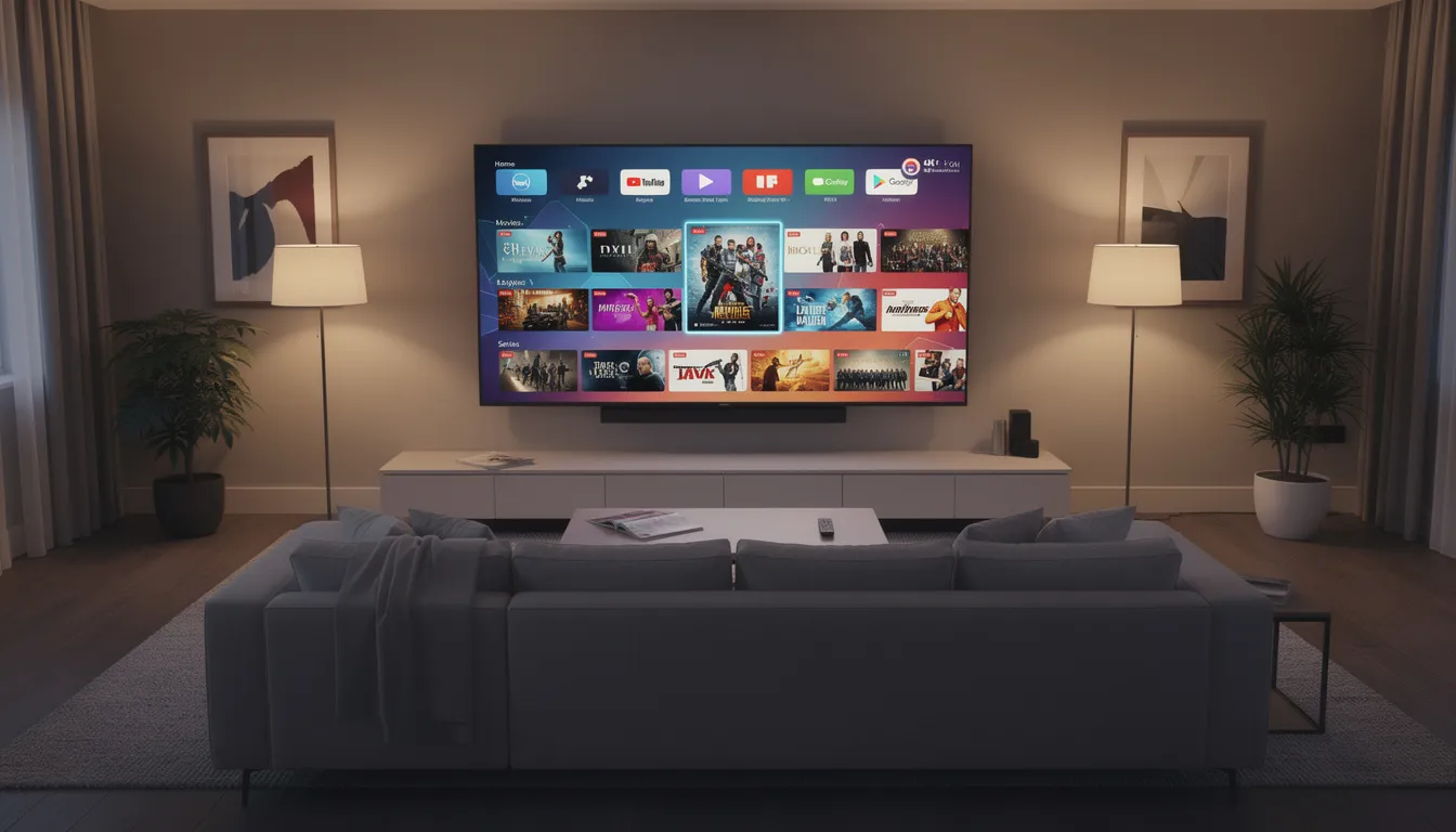 Modern living room television displaying Amazon Fire TV interface with streaming apps in a Canadian home setup
