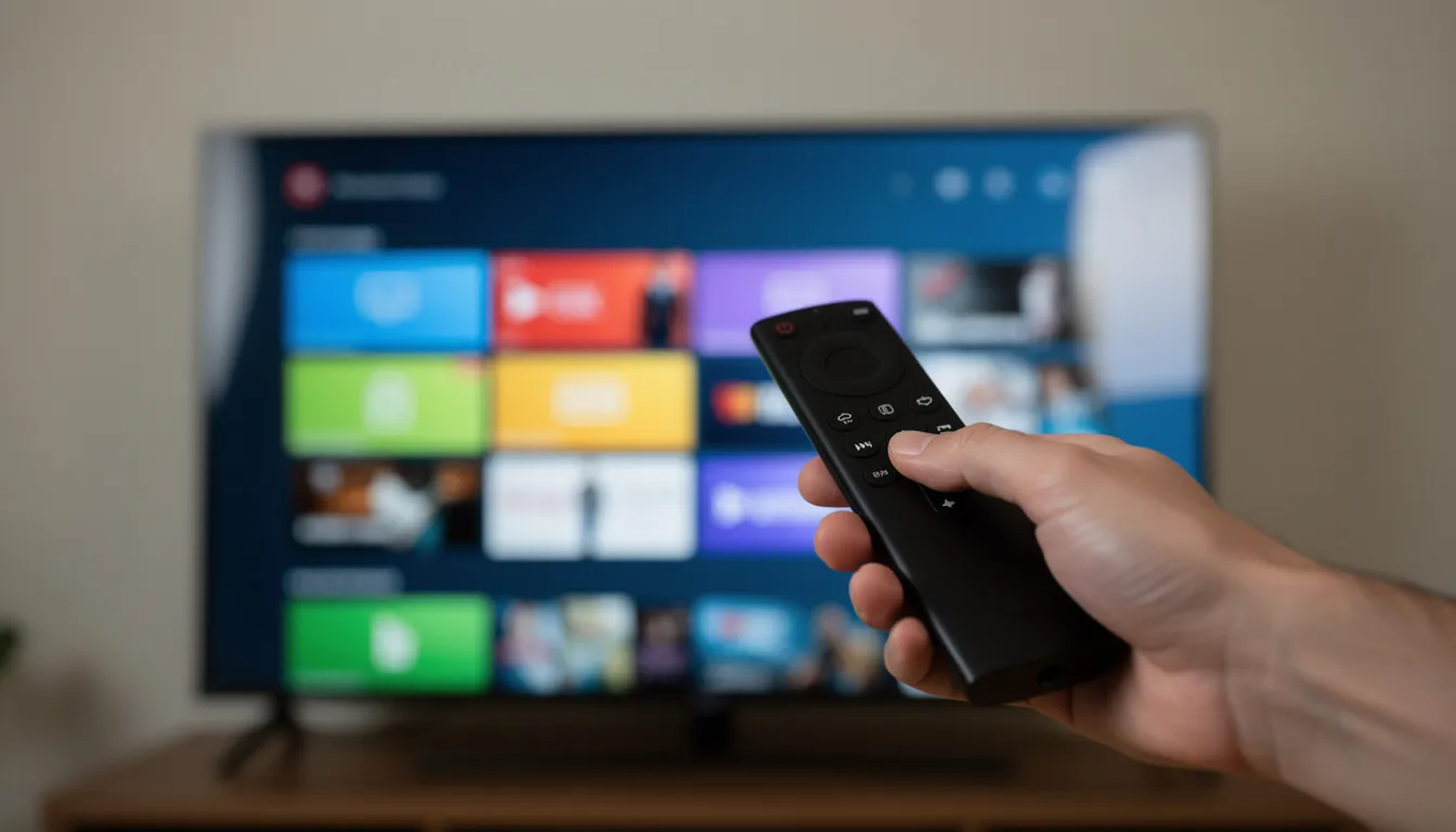 Hand holding an Amazon Fire Stick remote pointed at a smart TV home screen during troubleshooting and re-pairing process