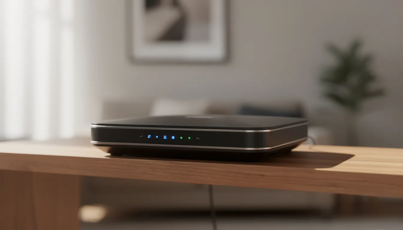 Home internet router on a living room shelf used for Amazon Fire Stick streaming setup in Canada