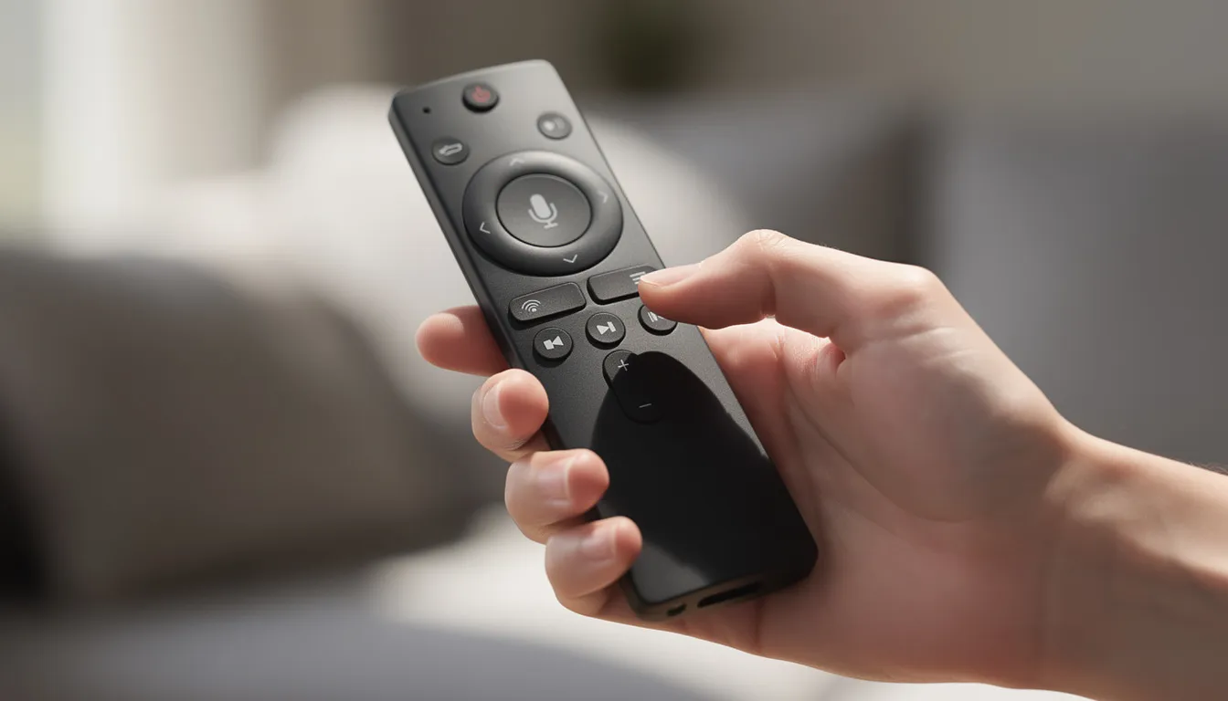 Hand holding Amazon Fire TV Stick remote control while navigating streaming interface at home