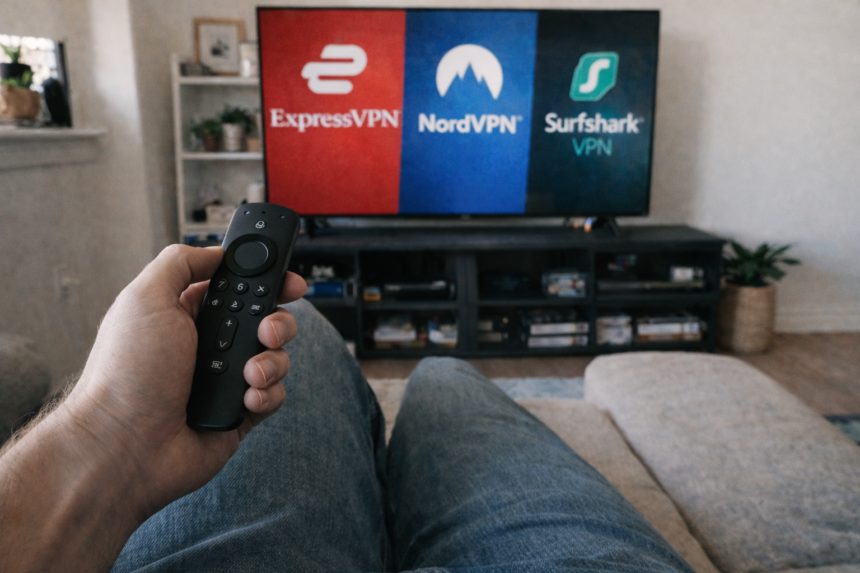 Person holding Amazon Firestick remote watching ExpressVPN, NordVPN and Surfshark logos on TV – Best VPN for Firestick Canada guide