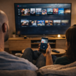Couple casting video from smartphone to Amazon Fire TV Stick in a cozy Canadian living room, showing real home screen mirroring setup.