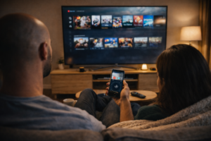 Couple casting video from smartphone to Amazon Fire TV Stick in a cozy Canadian living room, showing real home screen mirroring setup.
