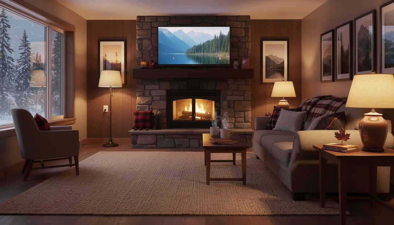 Cozy living room setup with a smart TV streaming content using an Amazon Fire Stick device at home