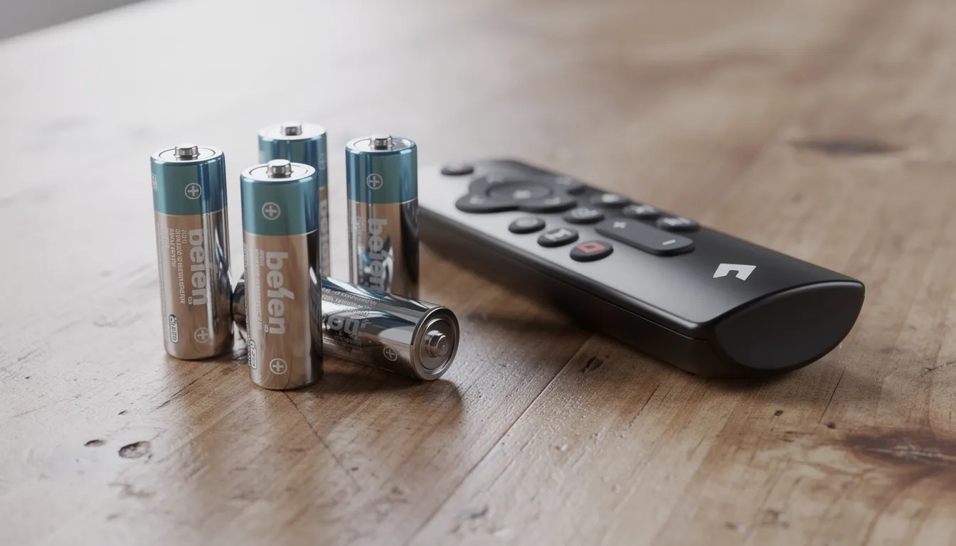 Amazon Fire Stick remote with AAA batteries on a table showing battery replacement before resetting the remote
