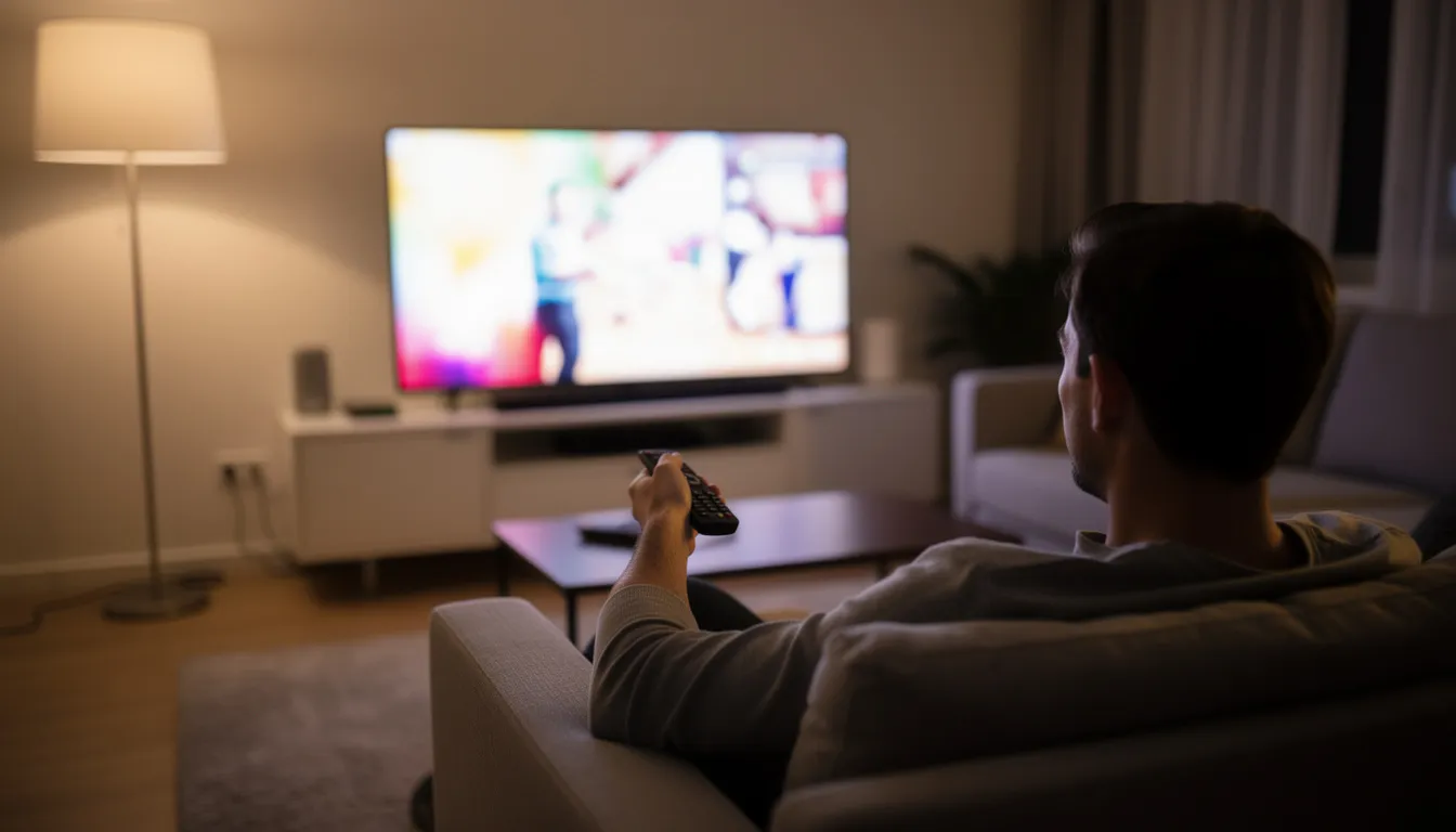 Person watching Amazon Fire Stick streaming content on smart TV in Canadian living room