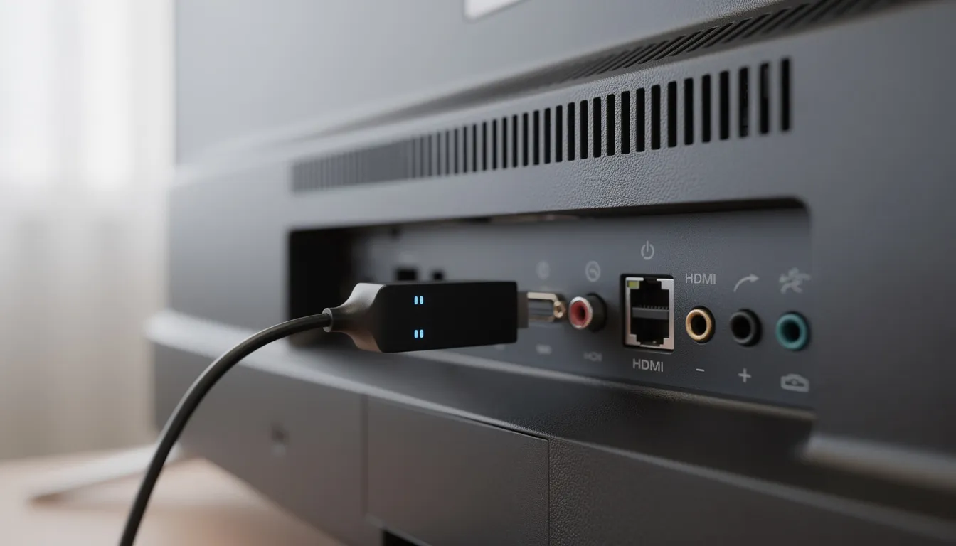 Amazon Fire TV Stick connected to TV HDMI port during setup in a modern home environment