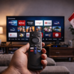 Hand holding Amazon Fire TV Stick remote in a modern living room with smart TV streaming interface displayed in background
