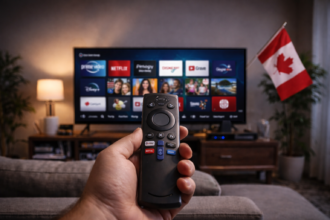 Hand holding Amazon Fire TV Stick remote in a modern living room with smart TV streaming interface displayed in background