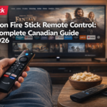 Person using an Amazon Fire Stick remote control in a Canadian living room with Fire TV interface on screen – complete Firestick remote guide 2026.