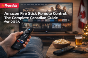 Person using an Amazon Fire Stick remote control in a Canadian living room with Fire TV interface on screen – complete Firestick remote guide 2026.
