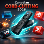 Hyper-realistic 3D render of an Amazon Fire TV Stick 4K glowing with neon cyan light, surrounded by floating Canadian streaming app icons like Crave, CBC Gem, Sportsnet, and Global TV, while a cut coaxial cable sparks on the left — symbolizing Canadian cord-cutting in 2026 against a dark cinematic background.