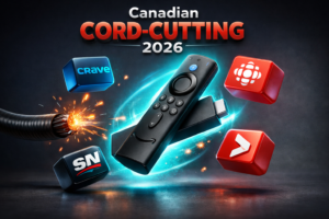 Hyper-realistic 3D render of an Amazon Fire TV Stick 4K glowing with neon cyan light, surrounded by floating Canadian streaming app icons like Crave, CBC Gem, Sportsnet, and Global TV, while a cut coaxial cable sparks on the left — symbolizing Canadian cord-cutting in 2026 against a dark cinematic background.