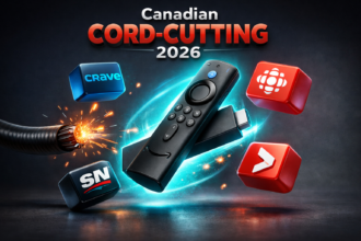 Hyper-realistic 3D render of an Amazon Fire TV Stick 4K glowing with neon cyan light, surrounded by floating Canadian streaming app icons like Crave, CBC Gem, Sportsnet, and Global TV, while a cut coaxial cable sparks on the left — symbolizing Canadian cord-cutting in 2026 against a dark cinematic background.