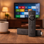 Amazon Fire TV Stick and Alexa Voice Remote on a coffee table with a cup of coffee in a cozy living room streaming setup