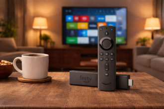 Amazon Fire TV Stick and Alexa Voice Remote on a coffee table with a cup of coffee in a cozy living room streaming setup