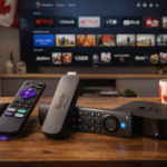 Amazon Fire TV Stick, Roku Streaming Stick, and Apple TV 4K devices with remotes placed on a living room table in front of a smart TV showing Canadian streaming apps.