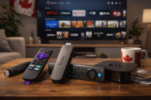 Amazon Fire TV Stick, Roku Streaming Stick, and Apple TV 4K devices with remotes placed on a living room table in front of a smart TV showing Canadian streaming apps.