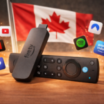 Amazon Fire TV Stick with remote on a wooden table, surrounded by popular legal streaming apps for Canadian users.