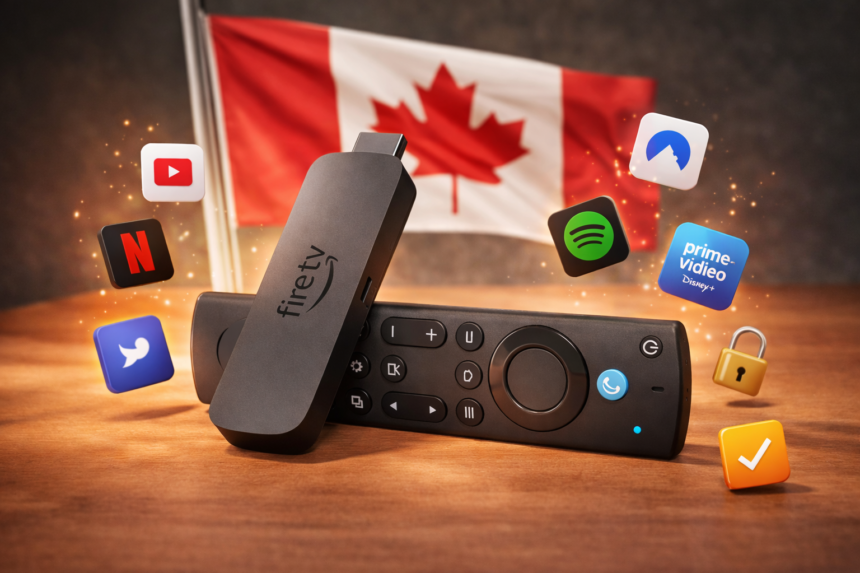 Amazon Fire TV Stick with remote on a wooden table, surrounded by popular legal streaming apps for Canadian users.