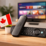 Amazon Fire Stick 4K with remote on table in Canadian living room streaming setup