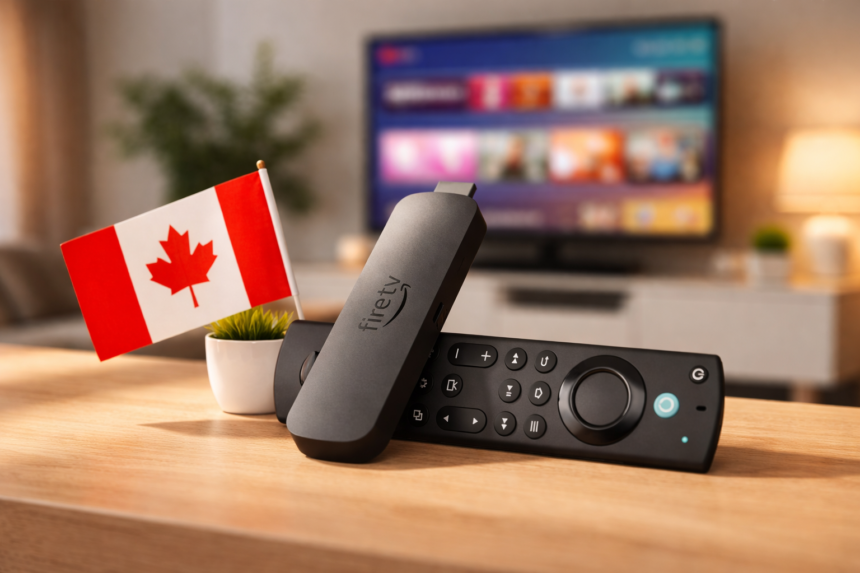 Amazon Fire Stick 4K with remote on table in Canadian living room streaming setup