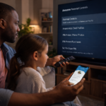 parent setting amazon parental controls on fire tv while child watches in living room