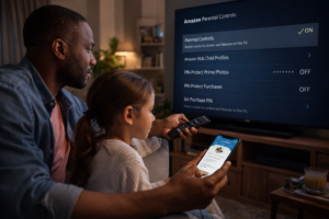 parent setting amazon parental controls on fire tv while child watches in living room