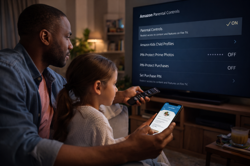 parent setting amazon parental controls on fire tv while child watches in living room