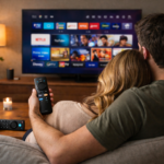 Couple relaxing on sofa watching Amazon Fire TV interface using remote control in a modern home living room
