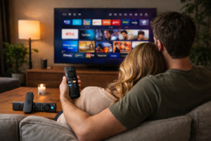 Couple relaxing on sofa watching Amazon Fire TV interface using remote control in a modern home living room