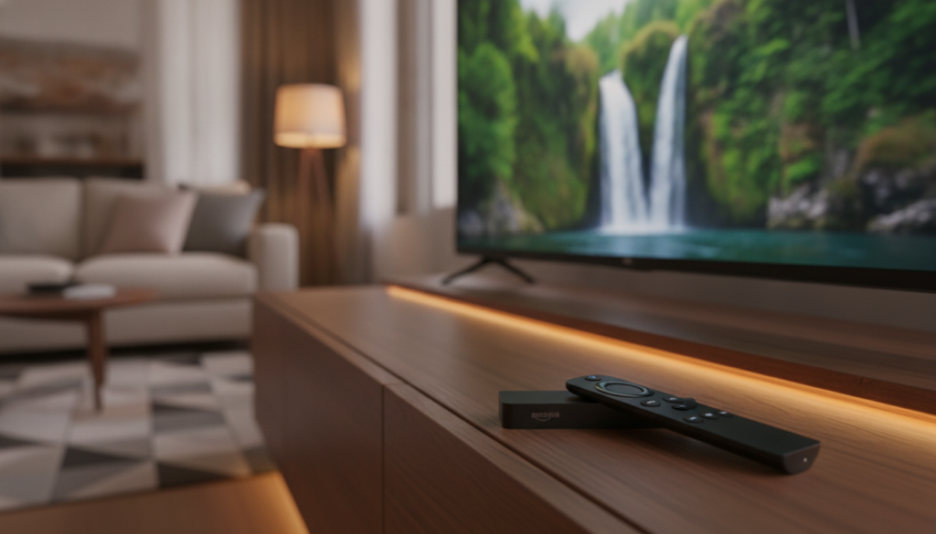 A close-up view of the Amazon Fire Stick 4K Max, elegantly displayed on a sleek modern entertainment system. In the foreground, the Fire Stick is prominently positioned beside a stylish remote control, showcasing its compact and minimalist design. The middle ground features a large, high-definition television screen displaying vibrant streaming content, emphasizing its multimedia capabilities. The background includes a tastefully decorated living room with soft ambient lighting, creating a warm and inviting atmosphere. The image is captured with a shallow depth of field and soft focus on the background to draw attention to the Fire Stick, evoking a sense of innovation and modern technology. The overall mood is sophisticated yet cozy, suitable for tech enthusiasts seeking to enhance their home entertainment experience. A close-up view of the Amazon Fire Stick 4K Max, elegantly displayed on a sleek modern entertainment system. In the foreground, the Fire Stick is prominently positioned beside a stylish remote control, showcasing its compact and minimalist design. The middle ground features a large, high-definition television screen displaying vibrant streaming content, emphasizing its multimedia capabilities. The background includes a tastefully decorated living room with soft ambient lighting, creating a warm and inviting atmosphere. The image is captured with a shallow depth of field and soft focus on the background to draw attention to the Fire Stick, evoking a sense of innovation and modern technology. The overall mood is sophisticated yet cozy, suitable for tech enthusiasts seeking to enhance their home entertainment experience.