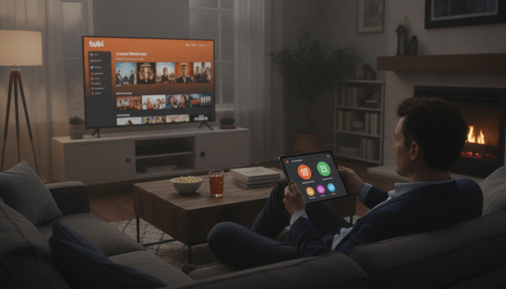 A cozy and modern living room scene featuring a large flat-screen TV displaying the Tubi app interface on screen, showcasing an organized custom watch list with thumbnails of movies and shows. In the foreground, a person in business casual attire is seated on a comfortable sofa, focused on navigating their Tubi account settings using a sleek remote control. The middle of the image includes a coffee table with snacks and a tablet showing a Tubi settings menu with bright, easy-to-read icons. The background features warm ambient lighting from lamps, creating a relaxed atmosphere. The scene should evoke a sense of ease and accessibility, inviting viewers into the world of personalized streaming. Use soft lighting to enhance the inviting mood.