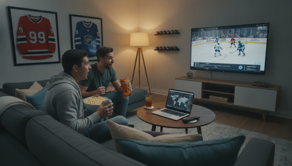 A cozy living room scene featuring a modern TV displaying an NHL game streaming on a Firestick. In the foreground, a couple of friends, dressed in casual clothing, sit on a comfortable sofa, attentive and excited, holding snacks and drinks. The middle layer includes a stylish coffee table with a laptop showing a VPN interface for secure streaming. In the background, warm lighting emanates from a floor lamp, creating an inviting atmosphere. A subtle sports decor, like hockey jerseys and pucks, is placed around the room. The angle is slightly elevated to capture the entire scene, providing a sense of connection and enjoyment in a home setting. The mood is lively and engaging, emphasizing the excitement of watching hockey safely. A cozy living room scene featuring a modern TV displaying an NHL game streaming on a Firestick. In the foreground, a couple of friends, dressed in casual clothing, sit on a comfortable sofa, attentive and excited, holding snacks and drinks. The middle layer includes a stylish coffee table with a laptop showing a VPN interface for secure streaming. In the background, warm lighting emanates from a floor lamp, creating an inviting atmosphere. A subtle sports decor, like hockey jerseys and pucks, is placed around the room. The angle is slightly elevated to capture the entire scene, providing a sense of connection and enjoyment in a home setting. The mood is lively and engaging, emphasizing the excitement of watching hockey safely.