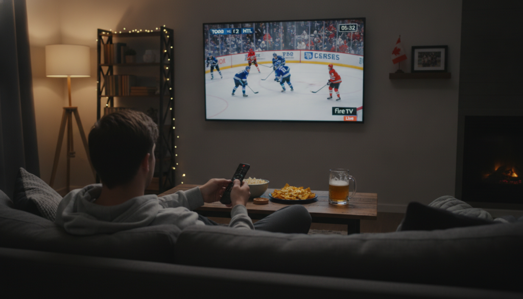 A cozy living room scene showcasing a large TV displaying a live NHL game being streamed on a Firestick. In the foreground, a person in casual attire, focused and engaged, is holding a remote and sitting on a comfortable sofa, with snacks on a coffee table beside them. In the middle ground, a wall-mounted TV highlights the vibrant colors of the hockey game. The background features warm lighting with soft shadows, creating an inviting atmosphere. Subtle hints of Canadian symbols, like a small flag on a shelf, enhance the setting. The overall mood is relaxed yet excited, emphasizing the thrill of watching sports at home. A cozy living room scene showcasing a large TV displaying a live NHL game being streamed on a Firestick. In the foreground, a person in casual attire, focused and engaged, is holding a remote and sitting on a comfortable sofa, with snacks on a coffee table beside them. In the middle ground, a wall-mounted TV highlights the vibrant colors of the hockey game. The background features warm lighting with soft shadows, creating an inviting atmosphere. Subtle hints of Canadian symbols, like a small flag on a shelf, enhance the setting. The overall mood is relaxed yet excited, emphasizing the thrill of watching sports at home.