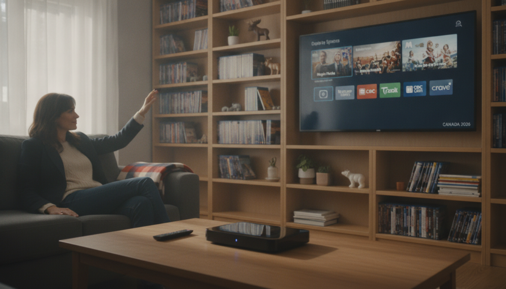 A cozy living room scene showcasing a streaming device setup. In the foreground, a modern coffee table holds a sleek, black streaming device, remote control, and a user-friendly interface displayed on a large flat-screen TV. The middle ground features a user, dressed in casual but professional attire, comfortably seated on a stylish sofa, interacting with the streaming device. The background includes bookshelves filled with DVDs and decorative items, exuding a warm, inviting atmosphere. Soft, natural lighting comes from a nearby window, creating an uplifting mood. The composition captures the ease of setup and user experience, emphasizing modern technology in a home setting, with a focus on comfort and convenience for Canadian viewers in 2026. A cozy living room scene showcasing a streaming device setup. In the foreground, a modern coffee table holds a sleek, black streaming device, remote control, and a user-friendly interface displayed on a large flat-screen TV. The middle ground features a user, dressed in casual but professional attire, comfortably seated on a stylish sofa, interacting with the streaming device. The background includes bookshelves filled with DVDs and decorative items, exuding a warm, inviting atmosphere. Soft, natural lighting comes from a nearby window, creating an uplifting mood. The composition captures the ease of setup and user experience, emphasizing modern technology in a home setting, with a focus on comfort and convenience for Canadian viewers in 2026.