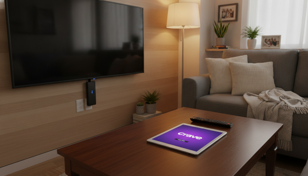 A cozy living room scene with a sleek Amazon Firestick device plugged into a modern flat-screen TV. In the foreground, there is a well-organized coffee table displaying a remote control and a tablet showcasing the Crave TV logo. The middle ground features a comfortable couch with soft cushions. In the background, there are subtle decorations like family photos and a few indoor plants, providing a warm home atmosphere. The lighting is soft and inviting, emanating from a nearby lamp, creating a relaxed mood. The camera angle is slightly elevated, allowing a clear view of the Firestick and the TV, emphasizing the theme of preparing for Crave TV installation. The overall atmosphere is one of anticipation and readiness for entertainment.