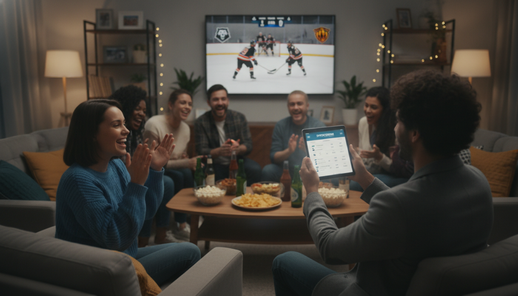 A cozy living room setting featuring a group of diverse individuals gathered around a modern television, showcasing a live sports event via an official sports app. In the foreground, a young man in business casual attire holds a tablet, displaying the app interface, while an engaged woman next to him cheers, showing excitement for the game. In the middle, a sleek coffee table is adorned with snacks and drinks, under warm, inviting lighting that enhances the homey atmosphere. The background includes a large wall-mounted TV showing a vibrant hockey game, with the team's logos visible. Use a soft focus to create a sense of depth, conveying a lively yet relaxed mood, emphasizing the bond of friends enjoying sports together through technology.