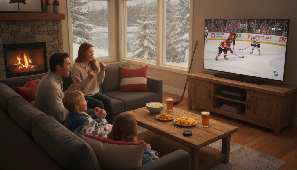 A cozy living room setting in Canada, featuring a modern flat-screen TV displaying an NHL game streaming through a Firestick device. In the foreground, a stylish coffee table with snacks and drinks, suggesting a game-day atmosphere. In the middle area, a family of four—two adults and two children—sitting on a comfortable couch, their expressions full of excitement and engagement. The adults are casually dressed, embodying a relaxed mood. In the background, a large window reveals a snowy landscape outside, enhancing the cozy indoor vibe. Warm lighting illuminates the scene, creating an inviting, family-friendly atmosphere. The overall mood should convey excitement and enjoyment, emphasizing the experience of watching NHL games together at home. A cozy living room setting in Canada, featuring a modern flat-screen TV displaying an NHL game streaming through a Firestick device. In the foreground, a stylish coffee table with snacks and drinks, suggesting a game-day atmosphere. In the middle area, a family of four—two adults and two children—sitting on a comfortable couch, their expressions full of excitement and engagement. The adults are casually dressed, embodying a relaxed mood. In the background, a large window reveals a snowy landscape outside, enhancing the cozy indoor vibe. Warm lighting illuminates the scene, creating an inviting, family-friendly atmosphere. The overall mood should convey excitement and enjoyment, emphasizing the experience of watching NHL games together at home.