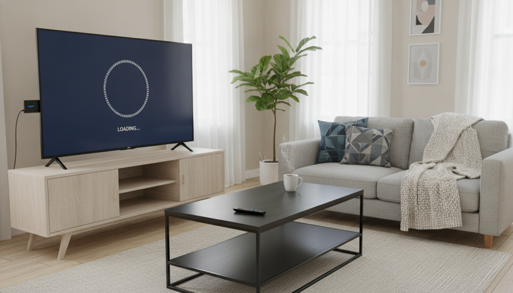 A cozy living room setting with a focus on a sleek Amazon Fire Stick plugged into a modern flat-screen TV, displaying a buffering symbol on the screen. In the foreground, a stylish coffee table holds a remote control and a steaming cup of coffee, suggesting a relaxed viewing environment. The middle ground features a comfortable couch with a decorative throw and cushions, conveying a warm, inviting atmosphere. In the background, soft diffused lighting casts a gentle glow, enhancing the homey feel. The overall mood is one of frustration mixed with hope, hinting at strategies for seamless streaming. The image should be bright and airy, captured from a slightly elevated angle to provide a clear view of the TV and room layout, focusing on the Fire Stick as the centerpiece. A cozy living room setting with a focus on a sleek Amazon Fire Stick plugged into a modern flat-screen TV, displaying a buffering symbol on the screen. In the foreground, a stylish coffee table holds a remote control and a steaming cup of coffee, suggesting a relaxed viewing environment. The middle ground features a comfortable couch with a decorative throw and cushions, conveying a warm, inviting atmosphere. In the background, soft diffused lighting casts a gentle glow, enhancing the homey feel. The overall mood is one of frustration mixed with hope, hinting at strategies for seamless streaming. The image should be bright and airy, captured from a slightly elevated angle to provide a clear view of the TV and room layout, focusing on the Fire Stick as the centerpiece.
