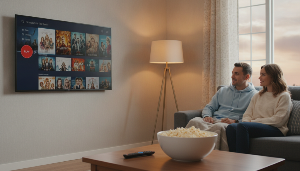 A cozy living room setup featuring a modern flat-screen TV displaying the Crave app interface on a Firestick, with vibrant thumbnails of popular shows and movies. In the foreground, a sleek coffee table has a bowl of popcorn and remote controls. The middle ground reveals a stylish couch with two people, a man and a woman, dressed in casual but tidy clothing, engaged and enjoying the streaming experience. Soft, warm lighting emanates from an elegant floor lamp, creating an inviting atmosphere. The background includes a large window with curtains partially drawn, letting in natural light, suggesting a relaxed evening vibe. The overall mood is comforting and focused on optimizing the streaming experience.
