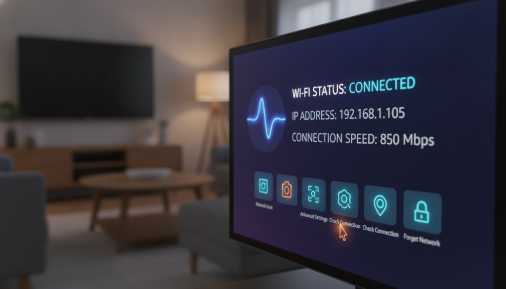 A detailed user interface of the Amazon Fire TV Network Settings in a modern, sleek digital format. In the foreground, prominently display an animated screen showing various network options such as Wi-Fi status, IP address, and connection speed. The middle section features a user-friendly layout with vibrant icons and a dark background, emphasizing the tech-savvy appearance. In the background, include subtle outlines of a cozy living room setup with a TV and a coffee table, creating a welcoming atmosphere. Use soft, warm lighting to enhance the visual appeal, while the angle focuses on the screen from a slight low perspective, giving a tech-centric vibe. The overall mood should be informative and engaging, ideal for users troubleshooting their network settings. A detailed user interface of the Amazon Fire TV Network Settings in a modern, sleek digital format. In the foreground, prominently display an animated screen showing various network options such as Wi-Fi status, IP address, and connection speed. The middle section features a user-friendly layout with vibrant icons and a dark background, emphasizing the tech-savvy appearance. In the background, include subtle outlines of a cozy living room setup with a TV and a coffee table, creating a welcoming atmosphere. Use soft, warm lighting to enhance the visual appeal, while the angle focuses on the screen from a slight low perspective, giving a tech-centric vibe. The overall mood should be informative and engaging, ideal for users troubleshooting their network settings.