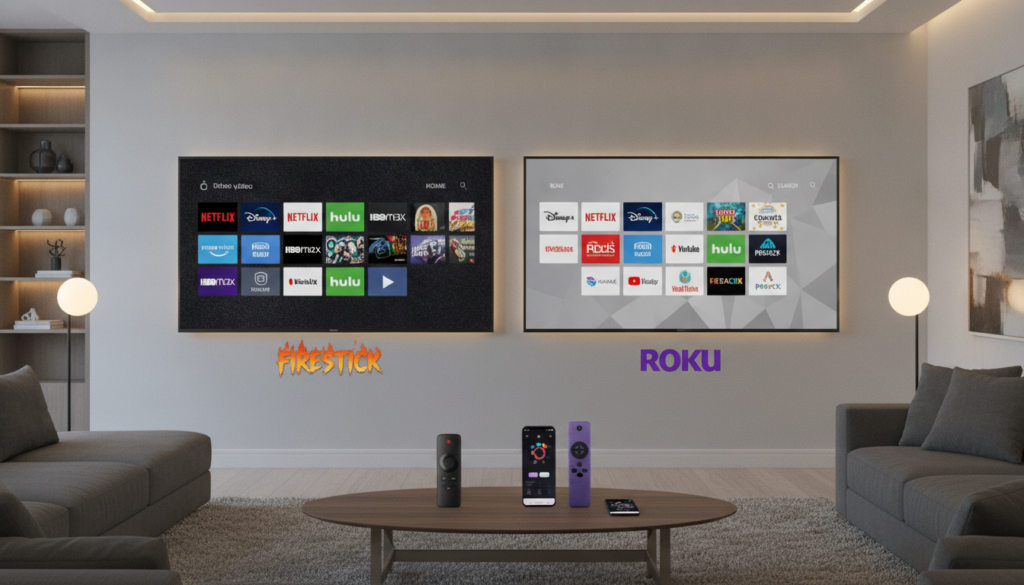 A dynamic comparison scene depicting streaming content and apps highlighted on two distinct TV screens side by side, one showcasing Firestick and the other showcasing Roku, both featuring colorful, eye-catching app interfaces with popular logos like Netflix, Disney+, and Hulu. In the foreground, a sleek living room setup with a contemporary coffee table and comfortable couch, subtly illuminated by warm ambient lighting. The middle layer presents tech gadgets like remotes and smartphones displaying streaming options. The background has a cozy ambiance with soft lighting, inviting viewers to explore entertainment possibilities. The mood is engaging and informative, capturing the essence of modern entertainment technology in a stylish home setting, without any clutter or distractions. A dynamic comparison scene depicting streaming content and apps highlighted on two distinct TV screens side by side, one showcasing Firestick and the other showcasing Roku, both featuring colorful, eye-catching app interfaces with popular logos like Netflix, Disney+, and Hulu. In the foreground, a sleek living room setup with a contemporary coffee table and comfortable couch, subtly illuminated by warm ambient lighting. The middle layer presents tech gadgets like remotes and smartphones displaying streaming options. The background has a cozy ambiance with soft lighting, inviting viewers to explore entertainment possibilities. The mood is engaging and informative, capturing the essence of modern entertainment technology in a stylish home setting, without any clutter or distractions.