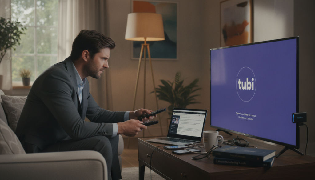A focused individual in professional business attire is seated on a comfortable couch, surrounded by a modern living room setting, troubleshooting Tubi streaming issues on a Fire Stick. The foreground features a large HD TV displaying the Tubi interface, with buffering icons and error messages subtly visible. The middle ground showcases a coffee table cluttered with technical manuals, a smartphone displaying streaming diagnostics, and a laptop showing support forums. The background has warm lighting from a stylish floor lamp, creating a cozy atmosphere. Natural light streams through a window, adding to the inviting mood. The scene captures a blend of frustration and determination, emphasizing the troubleshooting process in a relatable yet professional manner.