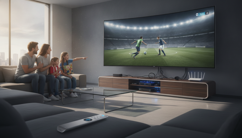 A high-tech living room setting showcasing a large, ultra-high-definition flat-screen TV streaming a live sports event. In the foreground, a sleek remote control rests on a glass coffee table, while a modern, comfortable couch invites viewers to sit. In the middle ground, a family of four, dressed in casual clothing, are intently watching the game, their expressions filled with excitement and focus. The background features a stylish entertainment unit with streaming devices and a Wi-Fi router, emphasizing connectivity and speed. Natural light streams in through a window, creating a warm, inviting atmosphere. The image conveys a sense of immersion and enjoyment, highlighting the seamless experience of high-definition streaming and minimal buffering during live sports events.