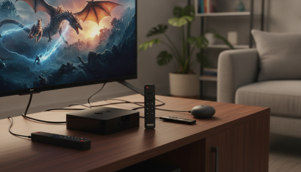 Create a detailed image showcasing a side-by-side comparison of popular streaming devices, prominently featuring the Firestick 4K Max, Apple TV, Roku, and Google Chromecast. In the foreground, depict these devices on a sleek modern entertainment console, under warm ambient lighting that highlights their distinctive designs. The middle layer should include a high-definition TV displaying vibrant streaming content, emphasizing visual clarity and appeal. In the background, subtly incorporate various elements of a contemporary living room, such as a cozy couch and decorative plants, to enhance a welcoming atmosphere. Use a shallow depth of field to focus on the devices, giving it a professional, informative feel, suitable for a tech review. Create a detailed image showcasing a side-by-side comparison of popular streaming devices, prominently featuring the Firestick 4K Max, Apple TV, Roku, and Google Chromecast. In the foreground, depict these devices on a sleek modern entertainment console, under warm ambient lighting that highlights their distinctive designs. The middle layer should include a high-definition TV displaying vibrant streaming content, emphasizing visual clarity and appeal. In the background, subtly incorporate various elements of a contemporary living room, such as a cozy couch and decorative plants, to enhance a welcoming atmosphere. Use a shallow depth of field to focus on the devices, giving it a professional, informative feel, suitable for a tech review.